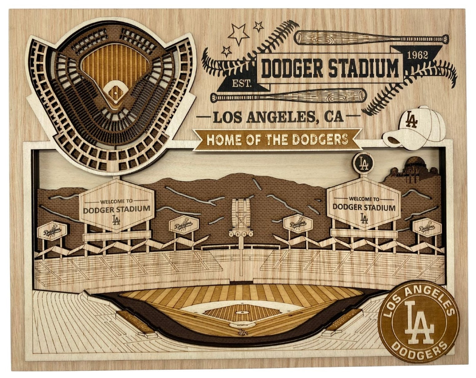 Dodger Stadium - Home of the Los Angeles Dodgers - Layered Wooden Stadium with the Inside View of the Ballpark