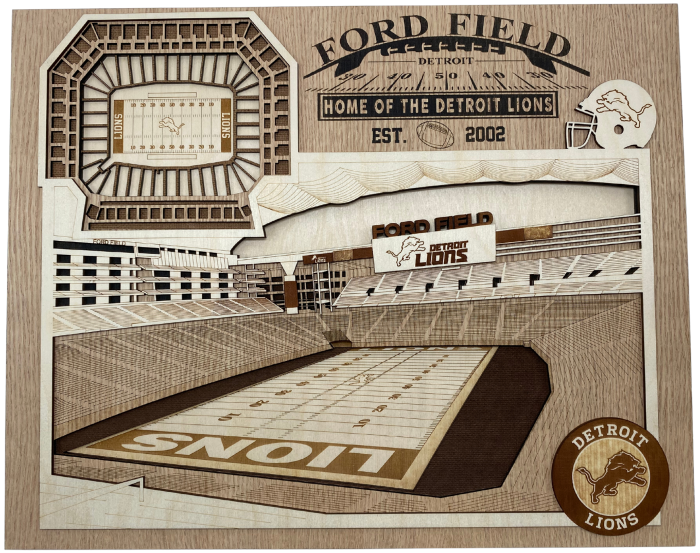 Ford Field - Home of the Detroit Lions - Layered Wooden Stadium with the Inside View of the Football Stadium